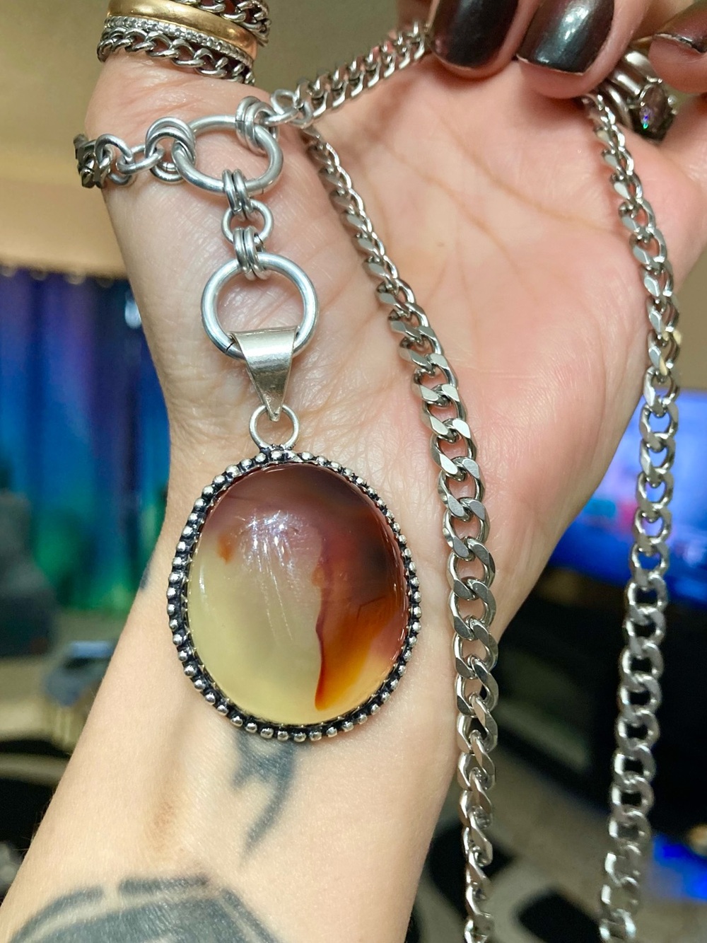 Agate gemstone maille lariat Y shape Cuban stainless steel boho necklace - Picture 9 of 16